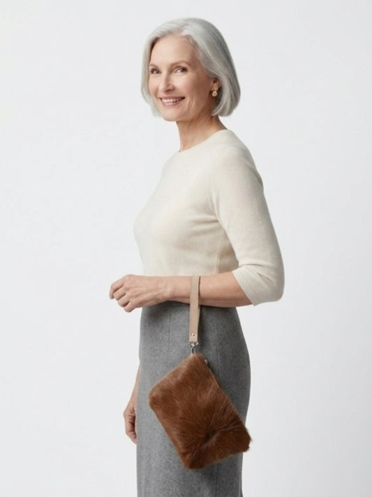 Genuine goat hide lined clutch bag with wrist strap and zip